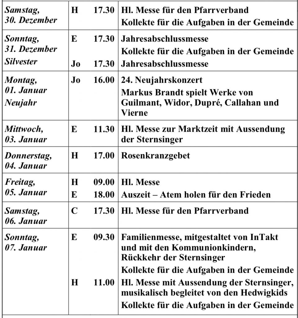Pfarrgemeinde St. Hedwig Angebote, Aktivitäten, Kontakte der Gemeinde